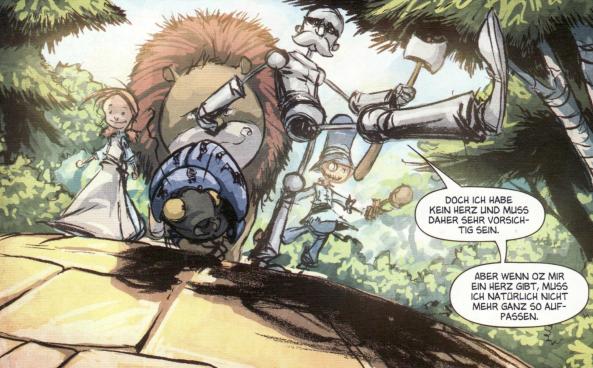 Auf dem Weg in die Smaragdstadt mit Dorothy, dem feigen Löwen, dem Blechholzfäller und der dummen Vogelscheuche.