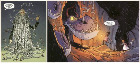 Zwei der merkwürdigen Wesen in diesem Band. Ein Erfinder aus der Oberwelt und Drachenbabys.