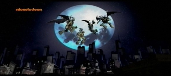 Donnie und seine neuen Gleiter. Vier Turtles in der Luft.