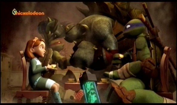 Während Raphael um sein Leben und das seiner beiden Brüder (Donnie und Mikey) kämpft trinkt Leo mit kleinen Mädchen Kaffee, oder sucht nach Mutagenknaistern. Ist irgendwie das Gleiche.