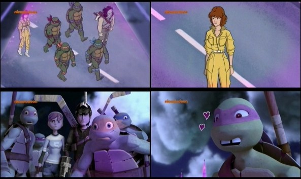 Die Turtles sehen die Turtles, und Donatello ist hin und weg von April und ihrem Overall.
