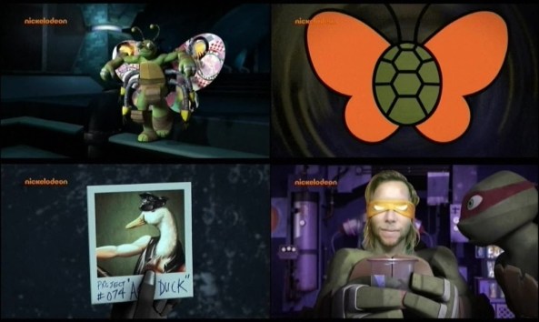 Tur-Fly-tle in Action, plus Ace Duck und Michelangelo als Mensch.